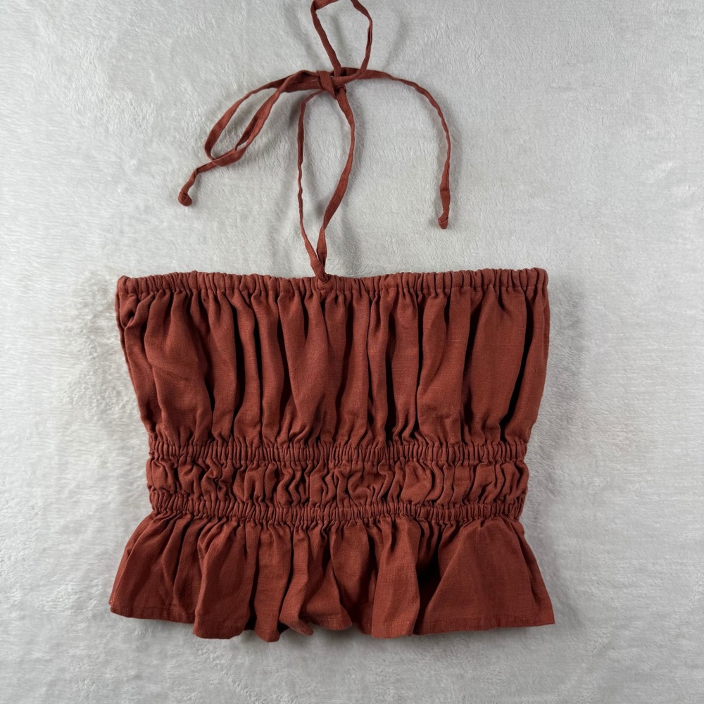 Faithfull The‎ Brand Womens Linen Smocked Halter Top Terracotta Rust Size Large